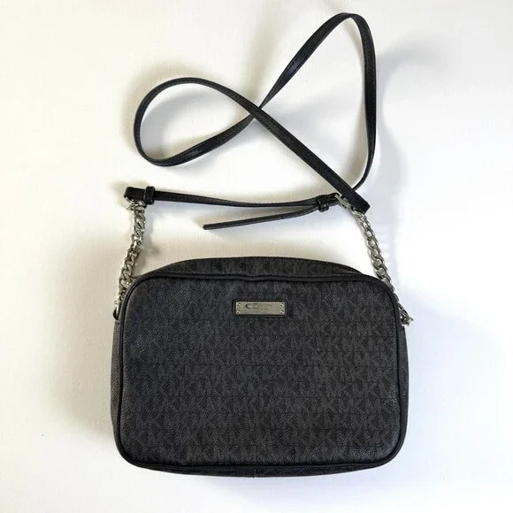 MICHAEL KORS Jet Set East West Crossbody Bag Black MK Signature Top Zip Purse - Picture 2 of 16